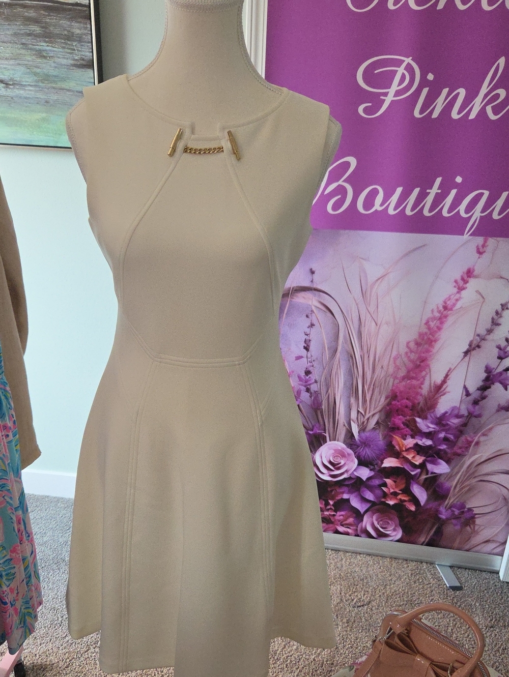 Ivanka Trump Cream Sleeveless A-Line Dress Mini Dress with Gold Chain Accent